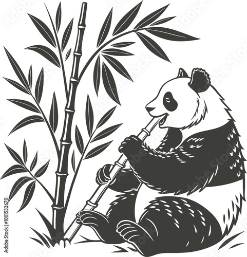 Giant panda sitting and eating bamboo in a forest illustration