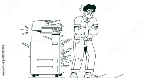 Angry man with broken printer frustrated office equipment problem