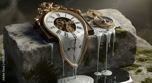 Antique clock melting on stone, time flowing concept, surreal still life
