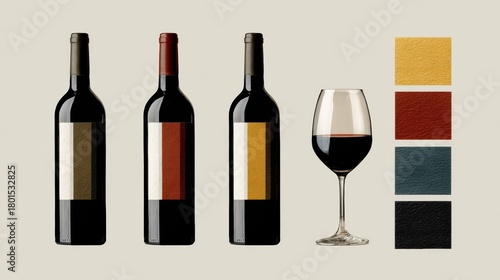 Fototapeta Naklejka Na Ścianę i Meble -  Artistic Display of Wine Bottles and a Glass, Highlighting Minimal Palette and Wine Symbolism in Quiet Elegance