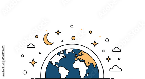 Globe earth illustration with moon stars and clouds vector art