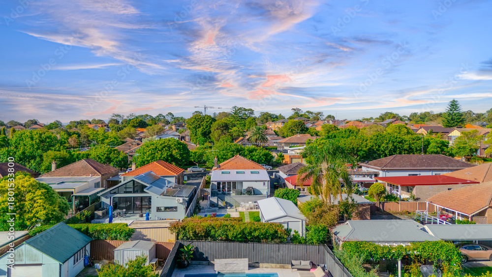 Fototapeta premium Aerial Panorama Drone View of a inner western Sydney Suburb of Ashbury Urban Sprawl and the terracotta roof tops streets and trees of Suburban Sydney NSW Australia