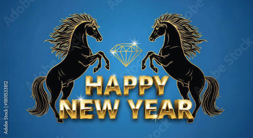 A illustration features a golden "Happy New Year" greeting, flanked by two rearing horses and a diamond, all set against a vibrant blue backdrop. Festive and celebratory.