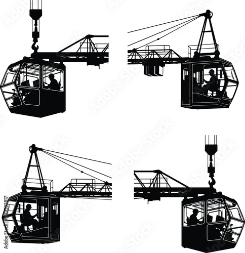 Silhouettes of construction crane cabins with operators working at height, industrial machinery illustration for building, heavy equipment and engineering concepts