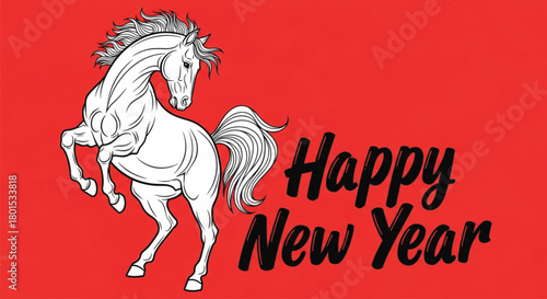 A illustration features a white horse standing on its hind legs against a vibrant red background, accompanied by the text Happy New Year in an elegant font.