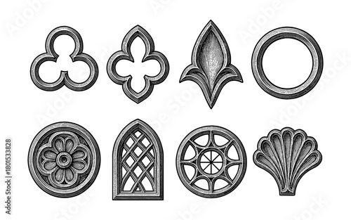 Collection of vintage gothic and medieval architectural window designs