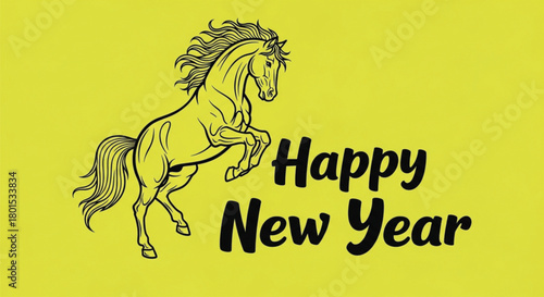 A vibrant yellow backdrop showcases a black silhouette of a horse, symbolizing strength and freedom, alongside the festive greeting 'Happy New Year' in bold letters.