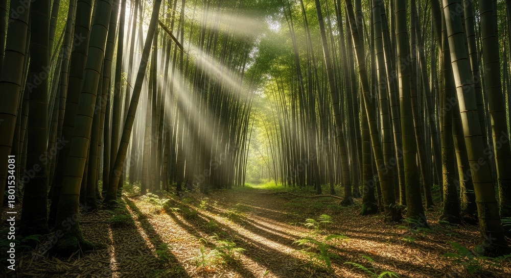 Naklejka premium Sunlight streaming through tall bamboo trees in a dense forest scene