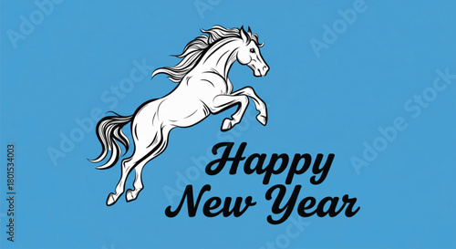 A illustration shows a white horse jumping against a blue background. The words Happy New Year are written below the horse. This image is great for greeting cards.