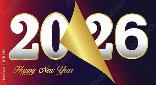 A vibrant New Year design featuring the year 2026 with a golden page turn effect, set against a gradient background, perfect for festive greetings and celebrations.
