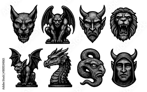 Monochrome mythical creatures: gargoyles, dragons, and beasts in vintage etching style