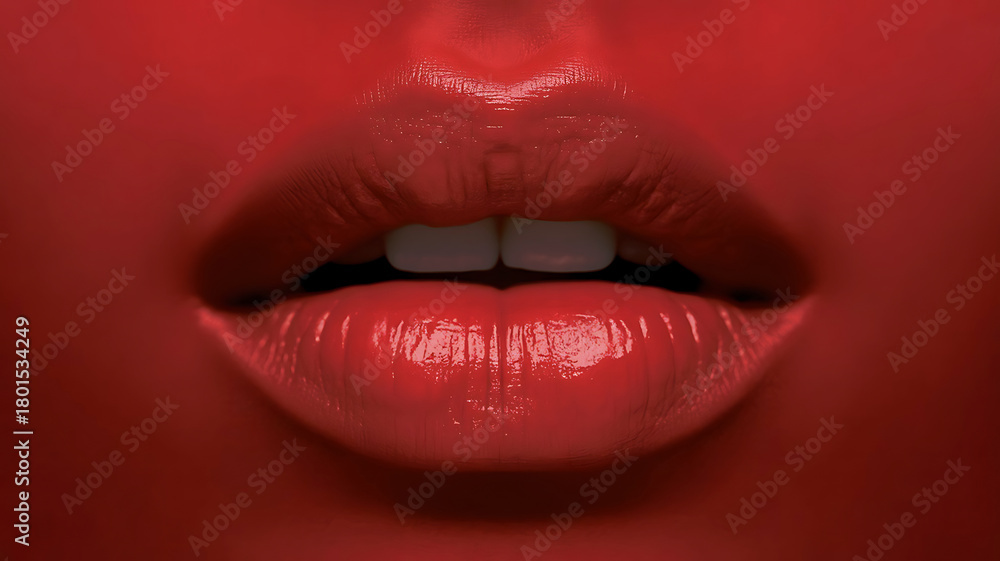 Obraz premium Close up of a woman s full red lips with glossy lipstick and visible teeth