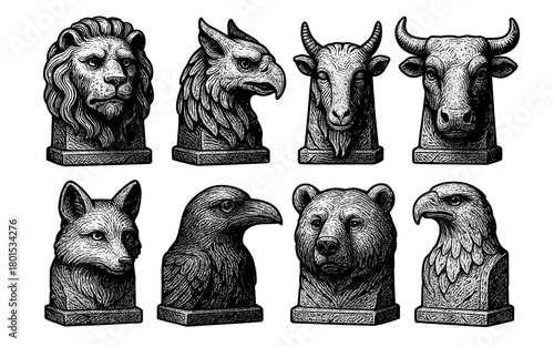 Intricate animal busts: detailed black and white engravings of mythical and real creatures