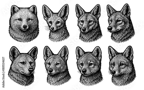 Detailed canine portraits in vintage hand drawn style featuring foxes and dogs