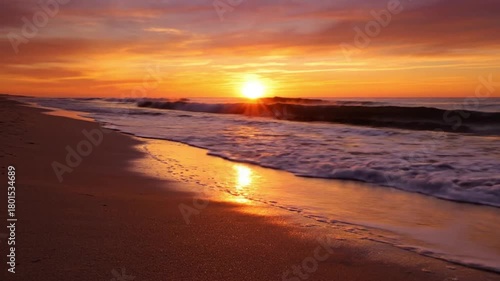 Stunning Golden Sunrise Reflecting on Ocean Waves and Wet Beach Sand Tranquil Morning Scenery for Travel and Wellness