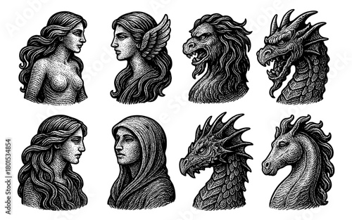 Detailed mythical creature and goddess portraits in vintage engraving style