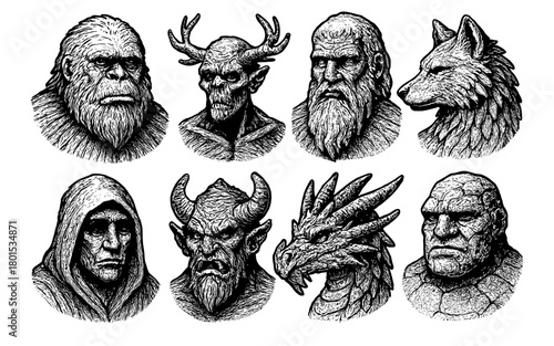 Black and white fantasy creature portraits with mythical beasts and monsters