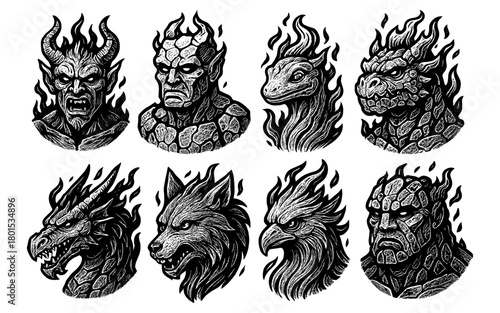 Collection of fierce mythical creature heads in monochrome style