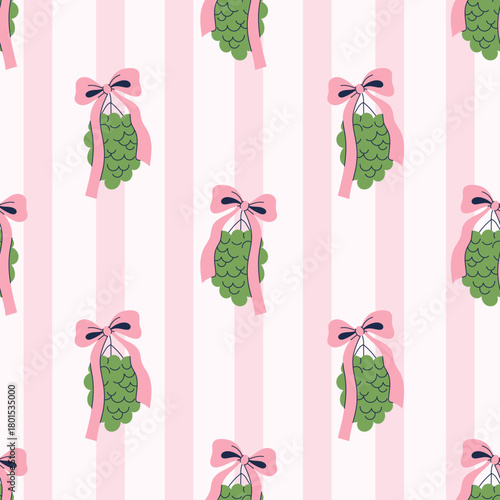 Grape with Bow Seamless pattern. Fruit Coquette Cottagecore Striped Background with pink ribbon and lines. La Dolce VIta 