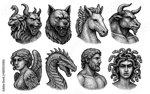 Mythical creature portraits in detailed ink style featuring legendary beasts and heroes