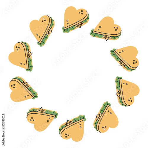 Heart Shape Sandwich Frame. Fast Food Breakfast Round Border with stuffed bread. Cafe Restaurant Menu design. Hand drawn Vector illustration