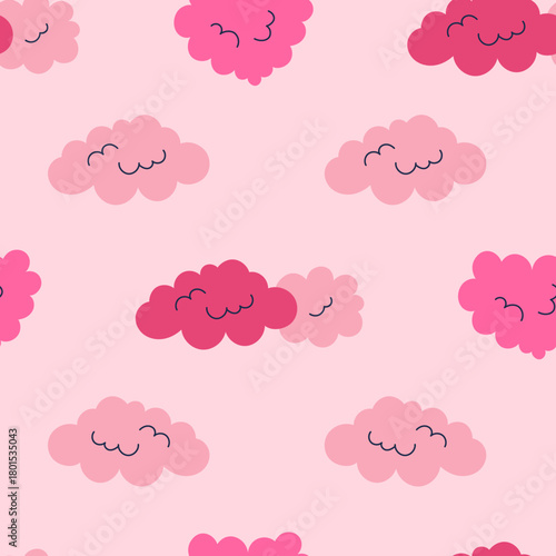 Pink Clouds Seamless Pattern. Romantic Nudes Background with fluffy sky texture. Valentines day Childish Wedding design. Vector illustration