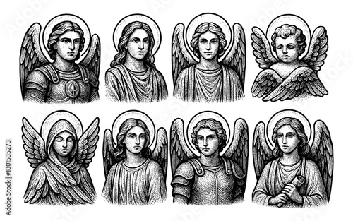 Hand-drawn angelic figures with wings and halos in engraved style