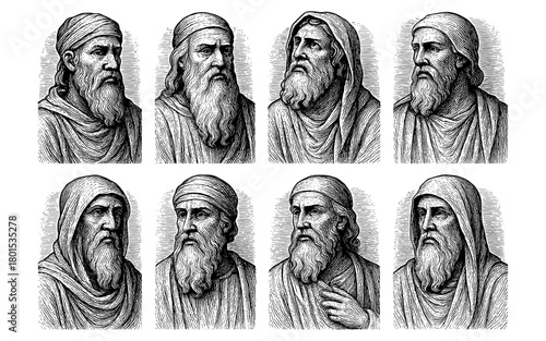 Engraved portraits of bearded men in robes - detailed vintage art style