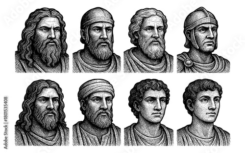 Engraved portraits of historical figures in monochrome style