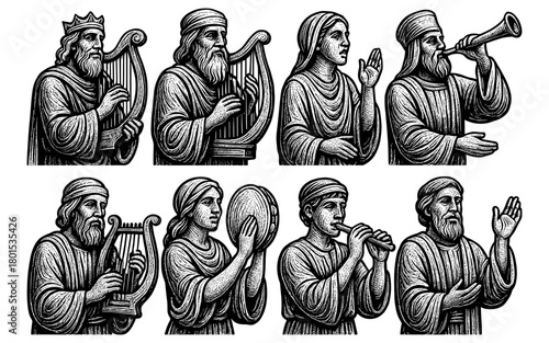 Ancient musicians in detailed black and white engraving style