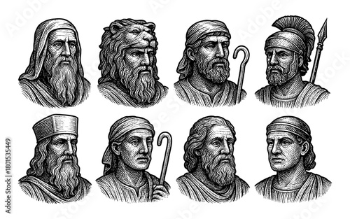 Detailed portraits of ancient philosophers and warriors in engraved style art