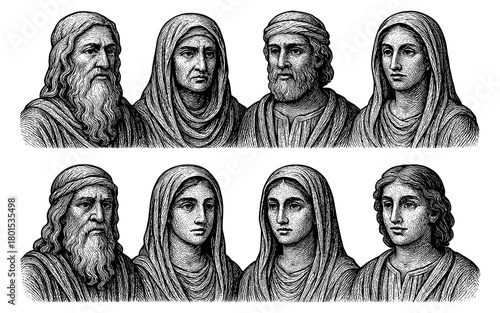 Detailed engraved portraits of historical figures in vintage style