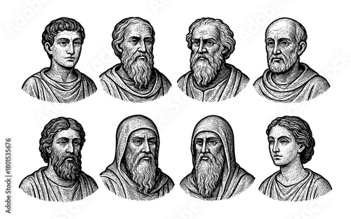 Vintage engravings of historical figures with intricate facial details