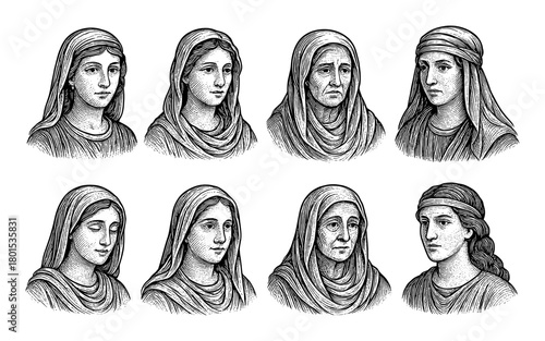 Detailed sketches of historical women in traditional attire with veils and headscarves