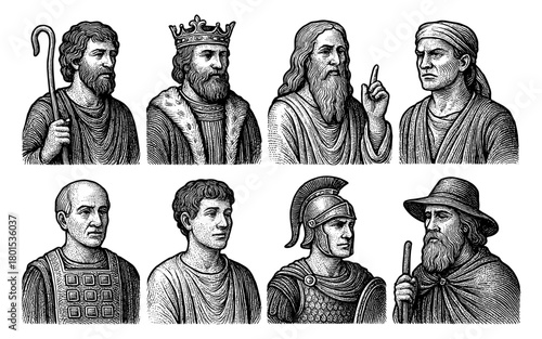 Vintage engraved portraits of historical figures in classic attire