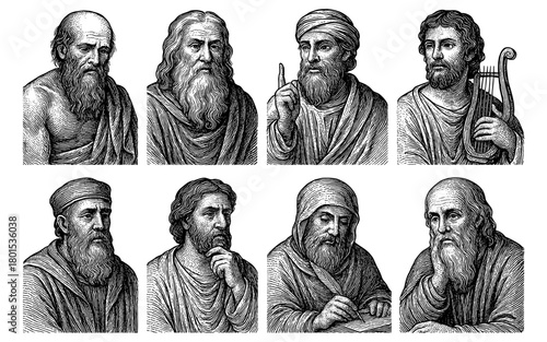 Detailed engraved portraits of ancient greek philosophers and scholars
