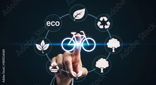 Person touching a bicycle icon surrounded by eco symbols for green transportation
