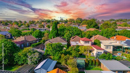 Aerial Panorama Drone View of a inner western Sydney Suburb of Ashbury Urban Sprawl and the terracotta roof tops streets and trees of Suburban Sydney  NSW Australia