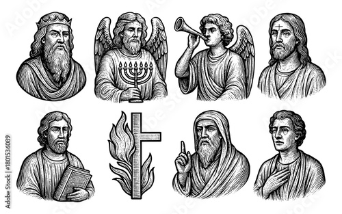 Hand drawn religious figures and symbols collection in vintage style