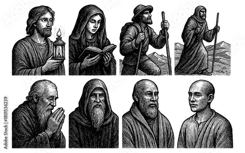 Hand-drawn religious and philosophical figures in vintage style