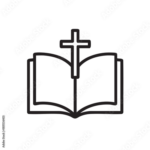a simple black and white line drawing depicts an open bible with a christian cross resting on top of it
