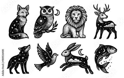Celestial animals: intricate black and white tattoo designs with moon and stars