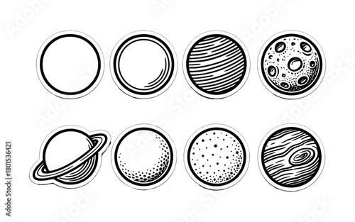 Hand drawn space stickers set featuring planets and moons with circular designs