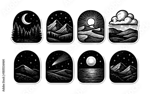 Set of hand drawn night and day landscape badges with mountains and sky