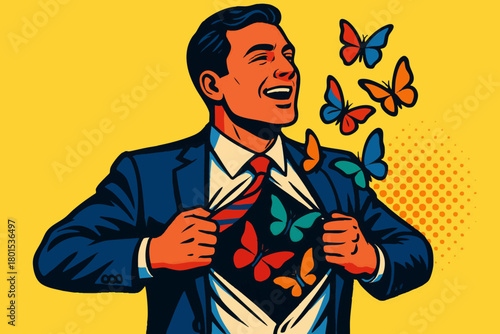 businessman opening his shirt to release colorful butterflies, symbolizing transformation, emotion, and inner freedom. Generative ai vector colorful pop art illustration.