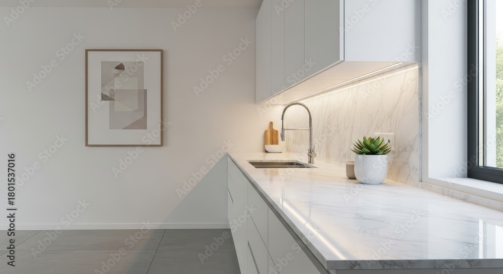 Fototapeta premium Bright kitchen with white cabinets marble countertop and modern artwork
