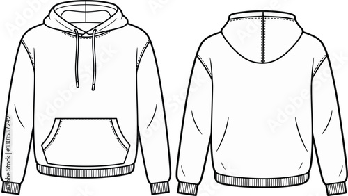 Hooded sweatshirt technical drawing, front and back views, kangaroo pocket and drawstring hood, fashion flat sketch illustration