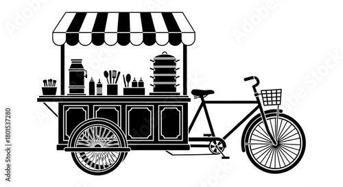 Illustration of food cart bicycle vendor street food black white