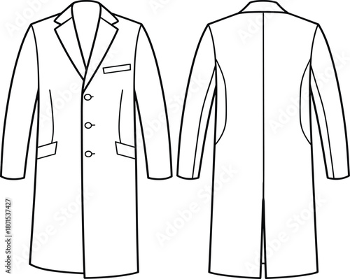 Long coat technical drawing, front and back views, fashion flat sketch, tailored fit design, notched lapel and pockets
