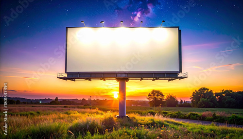 Empty billboard at sunset with mountains in background